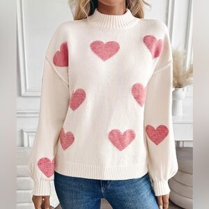 MockNeck Heart Patterned Pink/Cream Sweater in Med and Large size NWOT (no brand